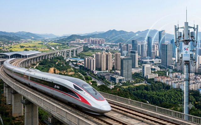 A silver-grey Fuxing high-speed train on a viaduct with a cellular tower beside the track