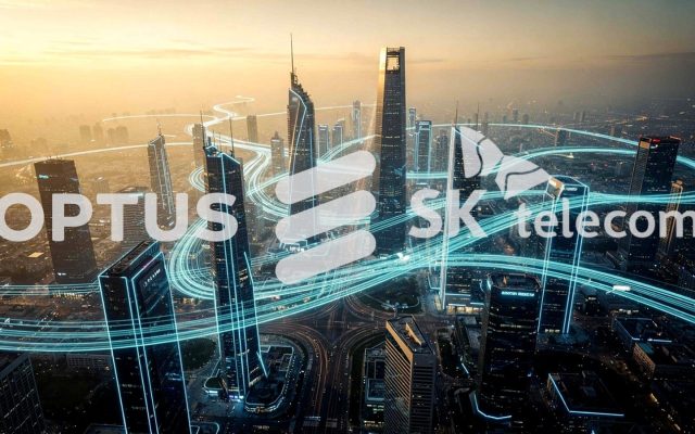 City skyline at dusk overlaid with glowing data network lines and SK Telecom branding
