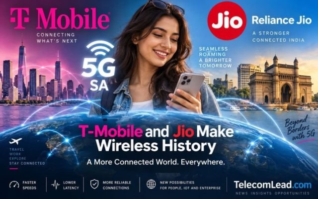 TelecomLead image for the T-Mobile and Jio 5G Standalone roaming announcement, showing mobile network branding for the India and US operators