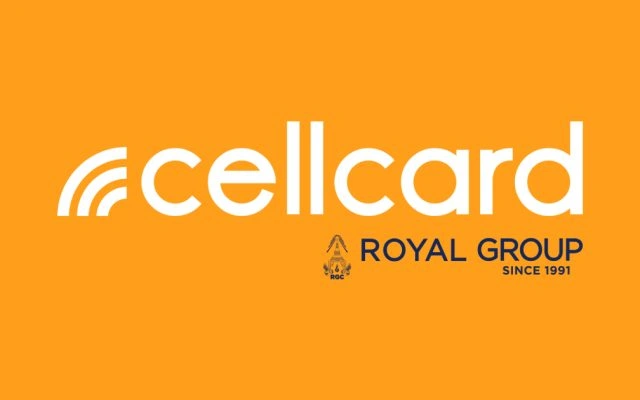 cellcard brand mark in white lowercase lettering with a signal wave logo on an orange background, with Royal Group text beneath