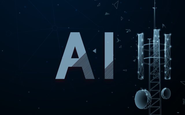 Dark blue technology illustration with large AI lettering on the left and a lit communications base station structure on the right, over background network connection lines