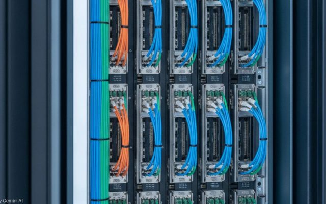 Optical fibre patch panel with blue, green and orange cables in a data centre