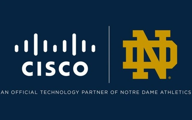 Cisco and Notre Dame logos side by side on a dark blue background