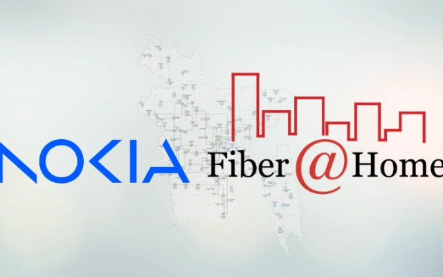 Nokia and Fiber@Home wordmarks with a red rooftop line graphic over a pale outline map of Finland with network nodes