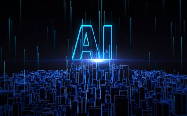 A dark blue digital graphic of a wireframe city with glowing vertical data lines and the letters AI at its centre