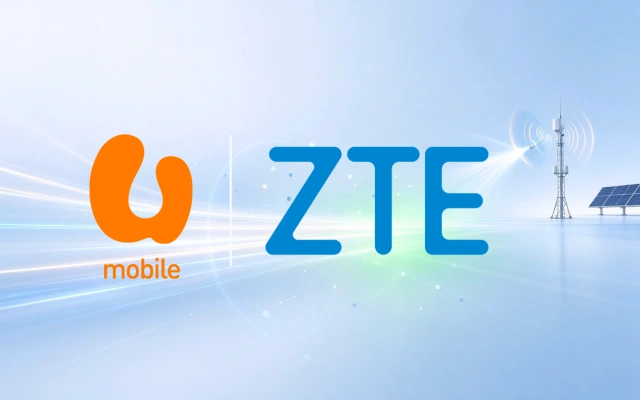 U Mobile and ZTE logos beside an illustrated cellular tower, solar panel and signal arcs on a pale blue background