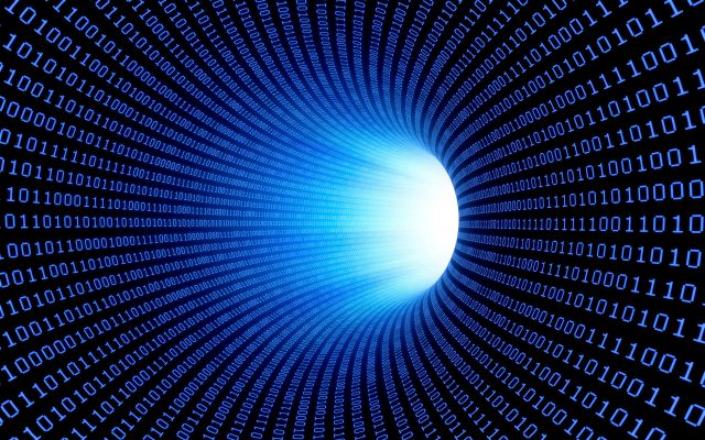 Abstract illustration of binary data flowing down a network pipe