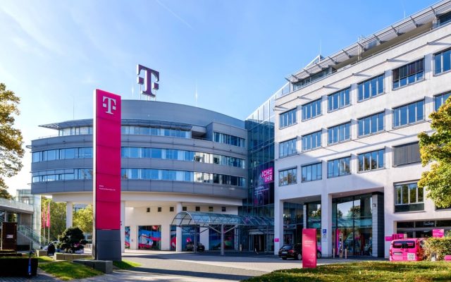 Deutsche Telekom's headquarters complex in Bonn, Germany, with the company sign on the roof