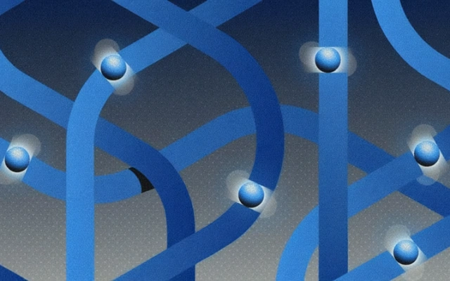 Diagram of intersecting blue tubes with glowing spheres representing a quantum network control layer
